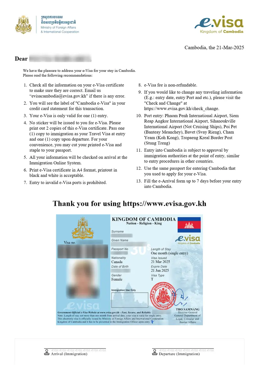 Exemple e-visa Cambodge